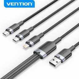Cable USB-A 2.0 3 en 1 USB-CLightningUSB-B  Macho  3A  1.5M  Negro   CTPBG  Vention