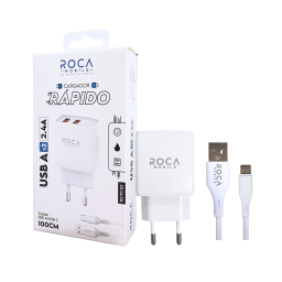 Cargador ROCA 2.4A   2 x USB A  Cable USB A a USB C / 100cm  Blanco (RC-TC-03)