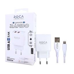 Cargador ROCA 2.4A   2 x USB A  Cable USB A a Lightning / 100cm  Blanco (RC-TC-04)