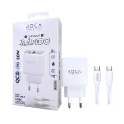 Cargador ROCA 20W   USB A + USB C/ PD  Cable USB C a USB C / 60W / 100cm  Blanco (RC-TC-01)