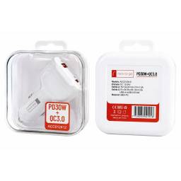 Cargador Inteligente Auto ROCA TO GO 30W+QC 3.0   USB A QC 3.0 + USB C/PD  Blanco (sin Cable)